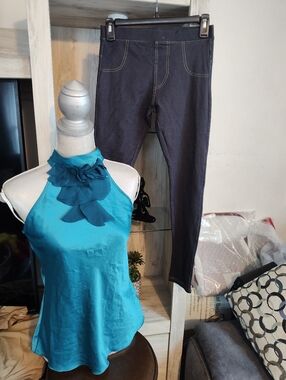 A.Byer Teal Halter Neck Floral Ruffle Satin Top & Leggings SZ Small Bundle